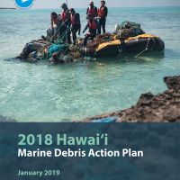The 2010-2020 Hawai‘i Marine Debris Action Plan cover with a photo of people on a boat hauling up a tangle of nets. 