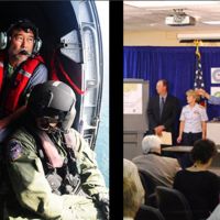 Picture of a man in a helocopter next to picture of a panel of three people.