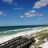 Beach with dune grass and water in background.