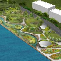 An illustration of a waterfront park.