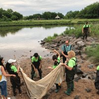 A group of people with seining nets on a shoreline.