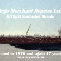 Drawing of a vessel with text overlaid, "The Argo Merchant Reprise Exercise: Oil Spill Nantucket Shoals" 