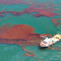 A ship surrounded by oil from the Deepwater Horizon oil spill, attempting to collect oil in the Gulf of Mexico. 