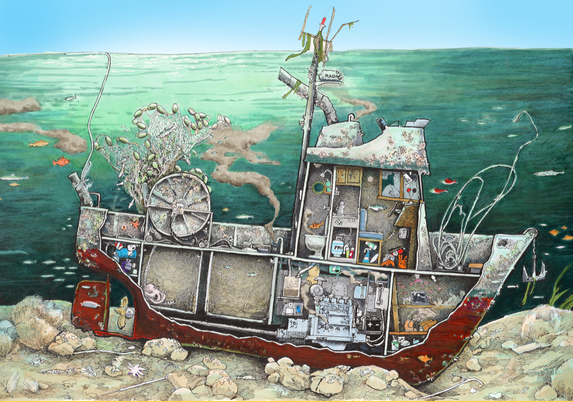 An illustration of a sunken vessel with a cutaway showing various materials inside the vessel.