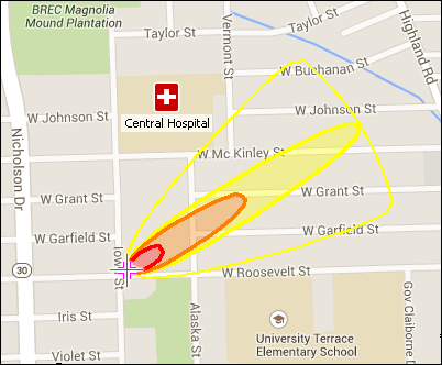 An ALOHA threat zone estimate displayed on a MARPLOT map.