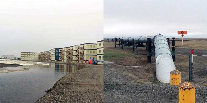 Left, basic housing. Right, pipeline emerging from the ground.