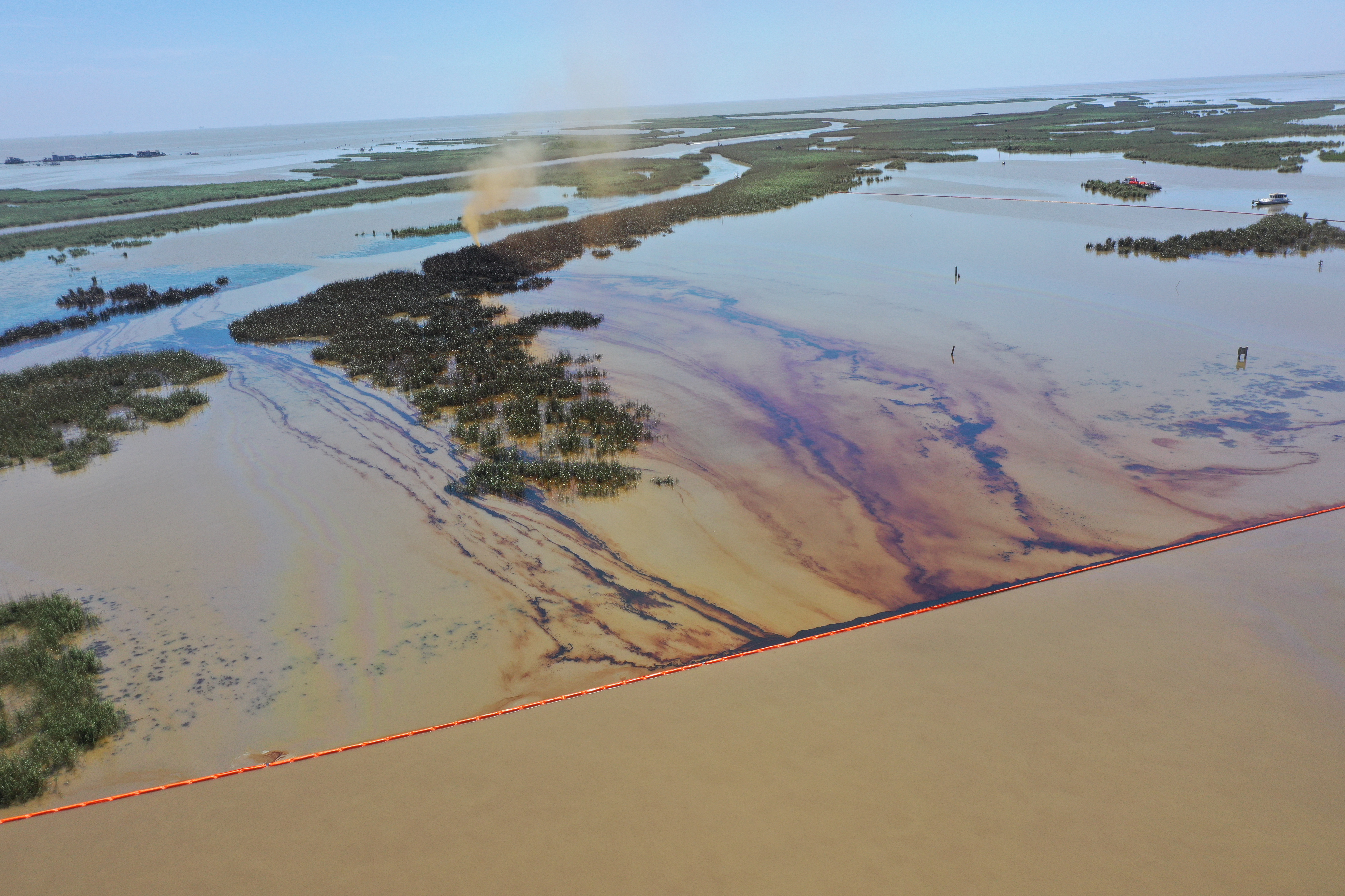 An overflight displays the affected area of marsh environment near Garden Island Bay, Louisiana on April 27, 2025. Image credit: NOAA.